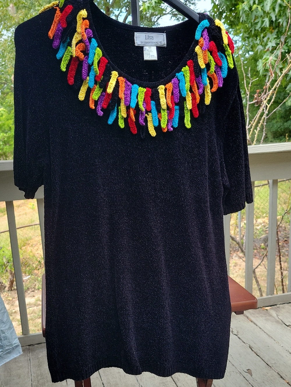 Lisa International Black Tunic with Rainbow Crochet Fringe